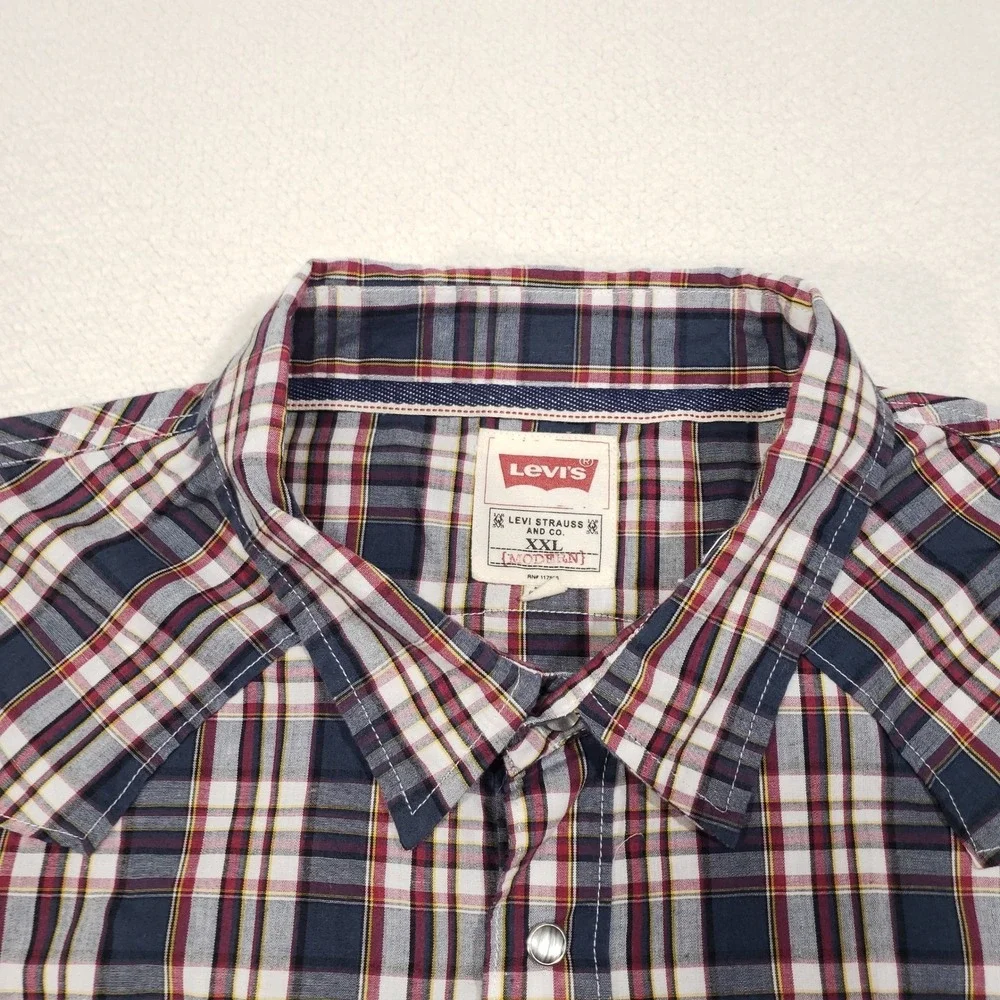 Levi's Pearl Snap Shirt Mens XXL Navy Red Plaid Western Modern Fit Shoulder Yoke